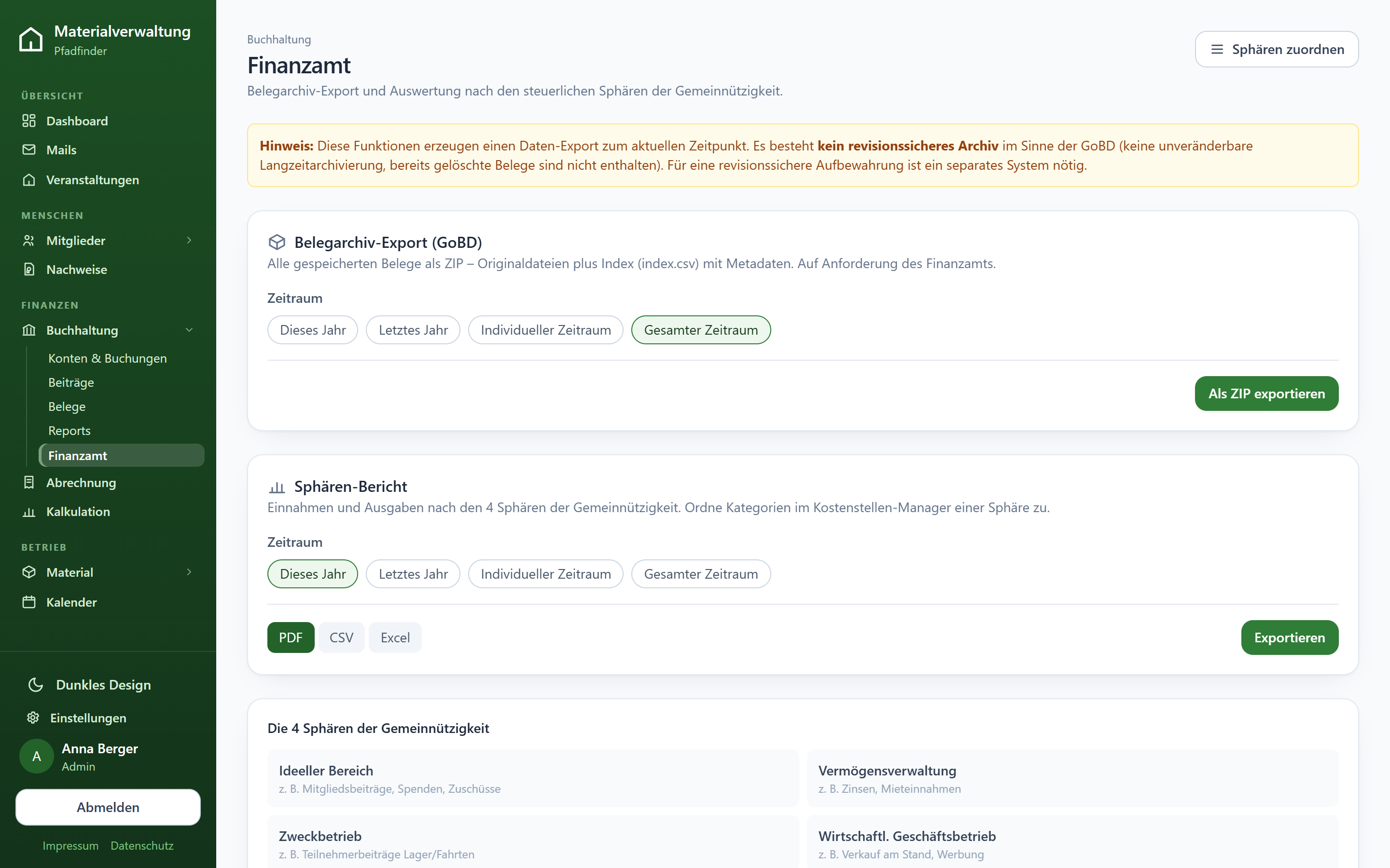 Finanzamt-Export mit GoBD-Belegarchiv und Sphären-Bericht