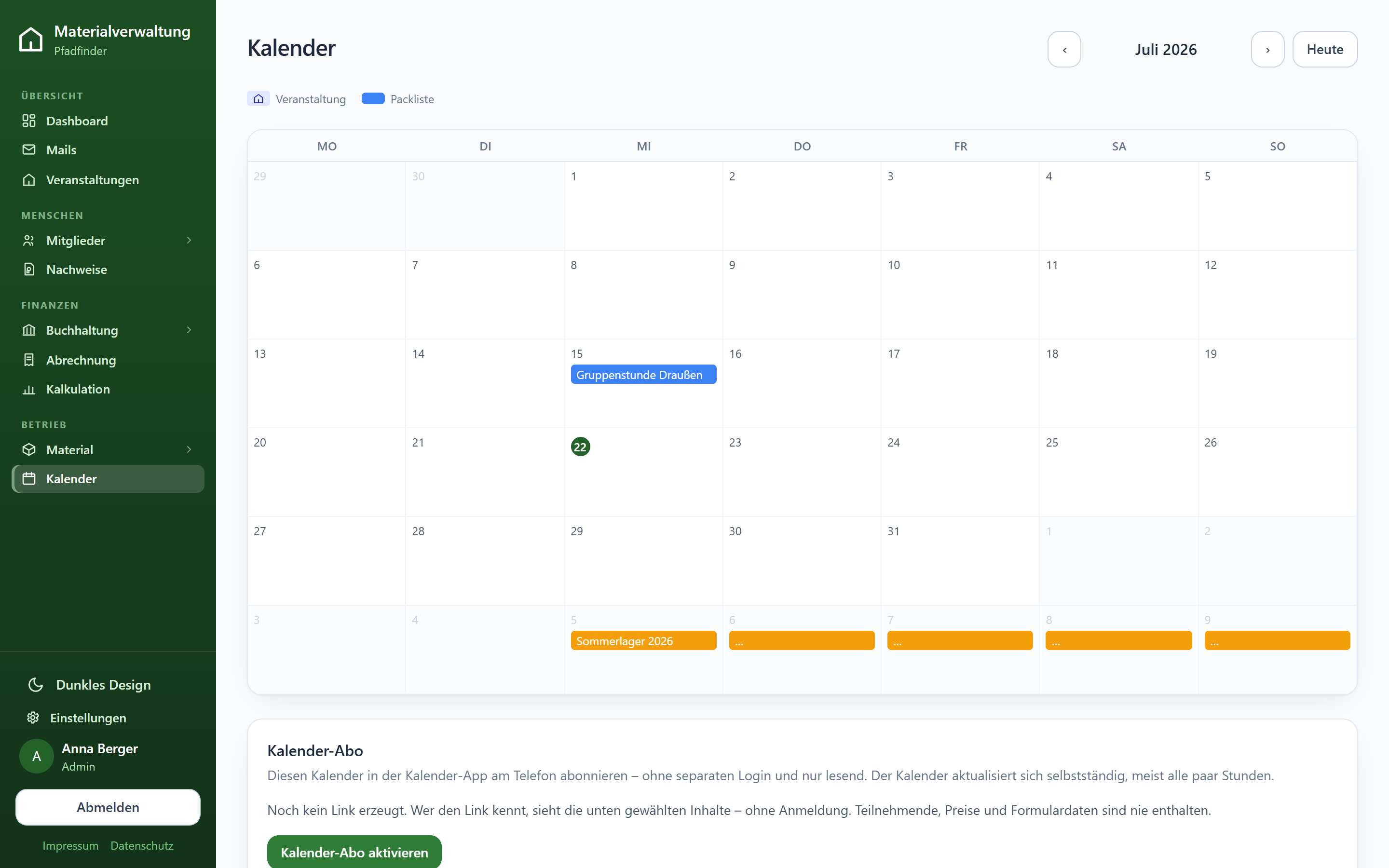 Kalender mit terminierten Packlisten