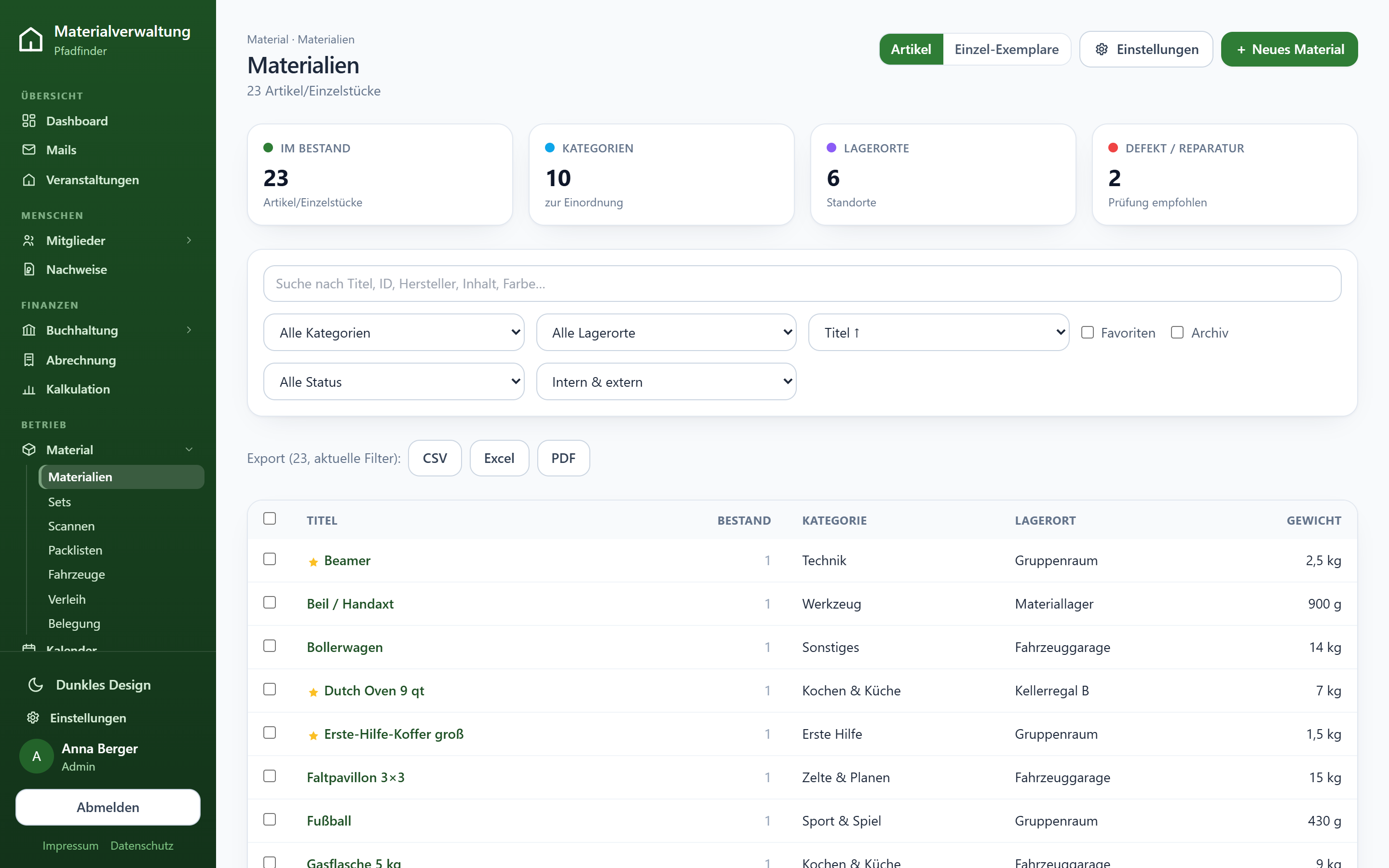 Materialliste mit Kategorien, Lagerorten, Zustand und Filtern