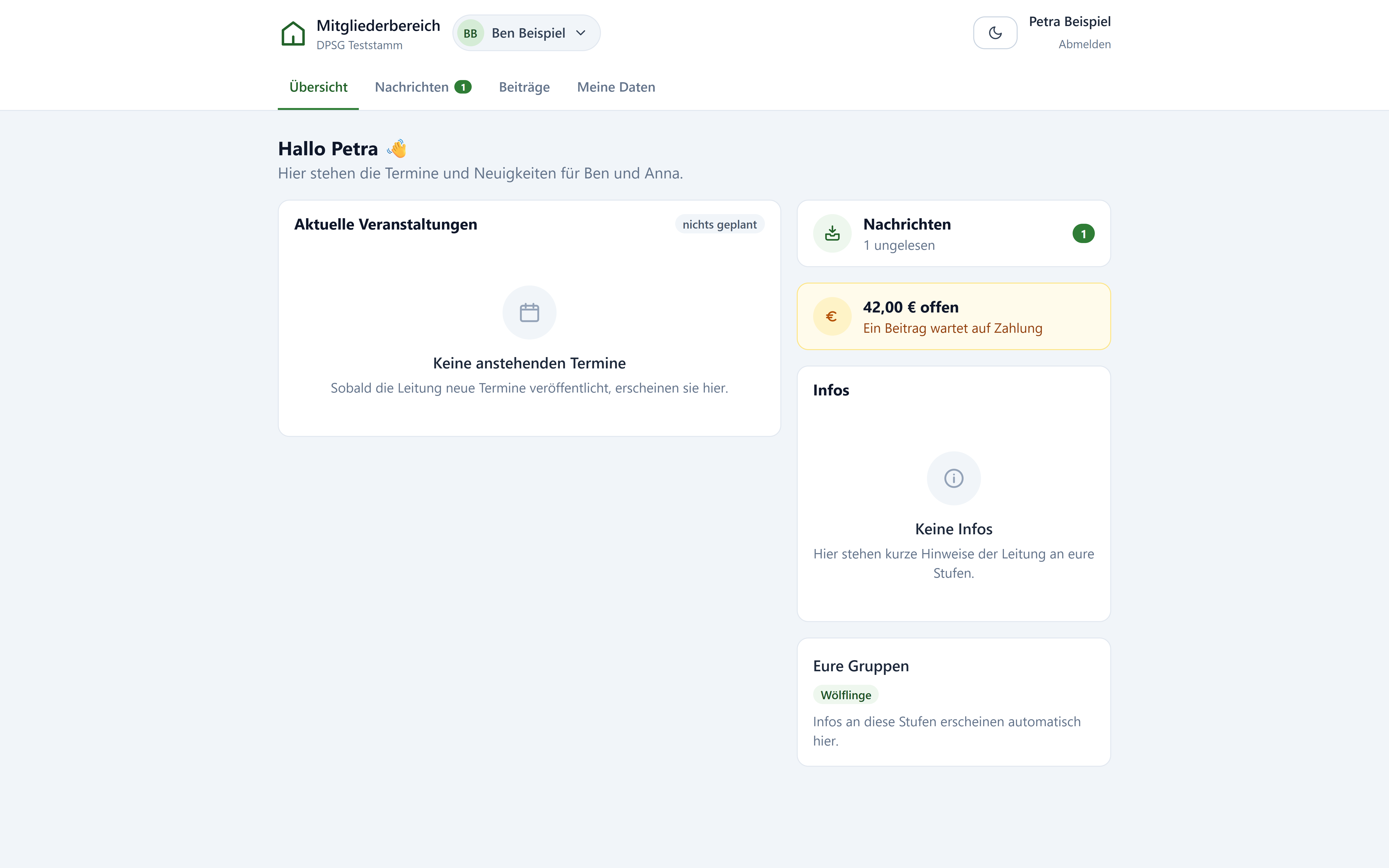 Startseite des Mitgliederportals mit Beitragsstand, Nachrichten, Terminen und Gruppen